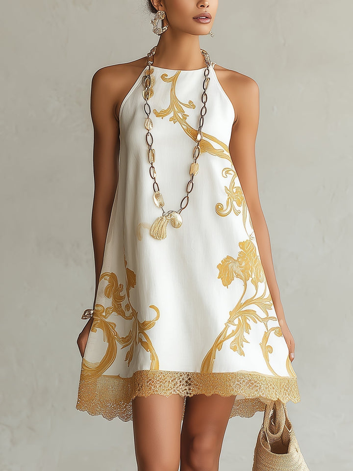 Héloïse | Mini Dress in White Lace with Golden Patterns