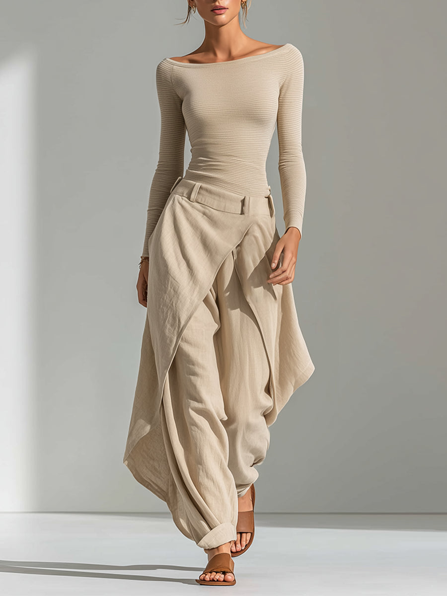Delphine | Beige Boat Neck Top and Wide Ruffled Pants