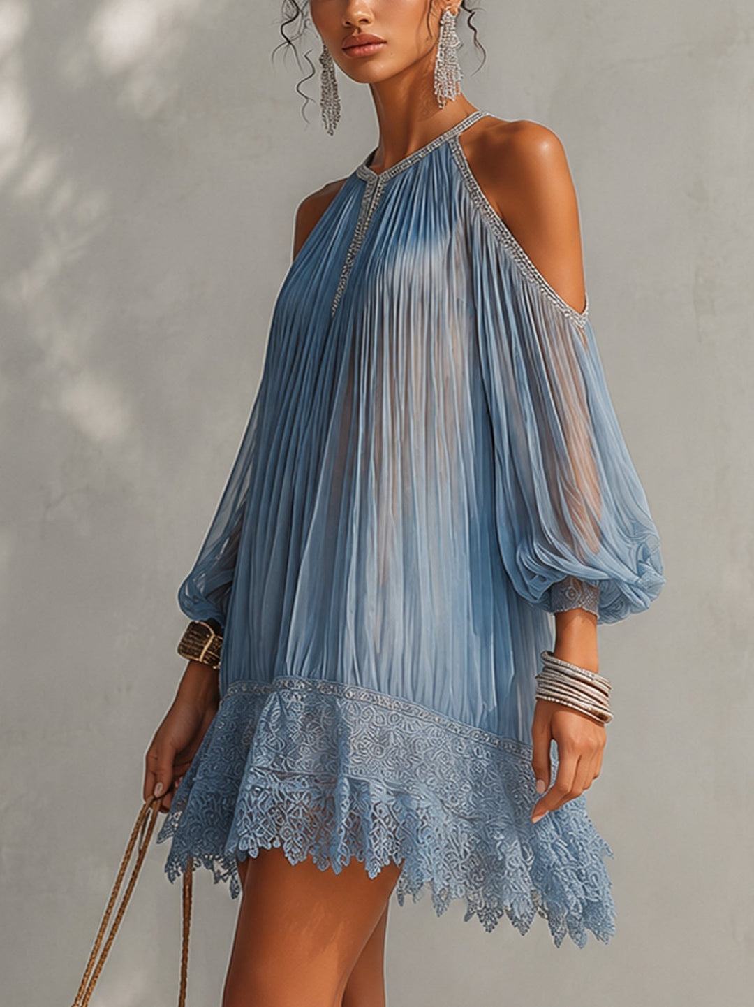 Celeste | Mini Blue Dress with Off-Shoulder Ruching and Lace Hem