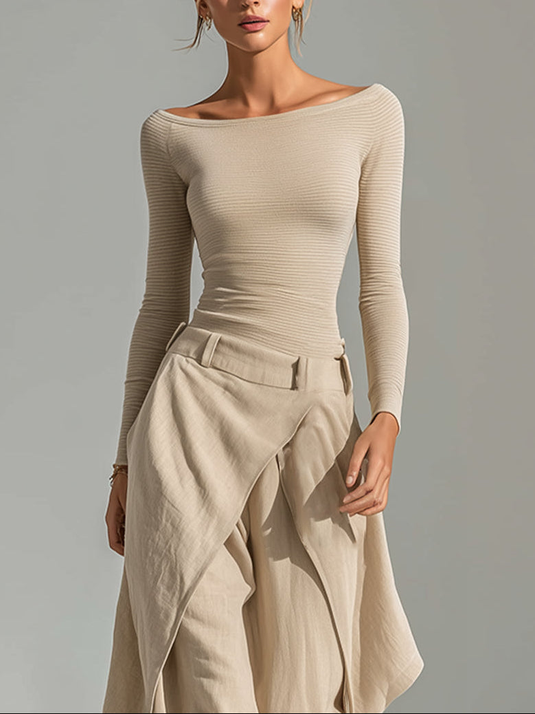 Delphine | Beige Boat Neck Top and Wide Ruffled Pants