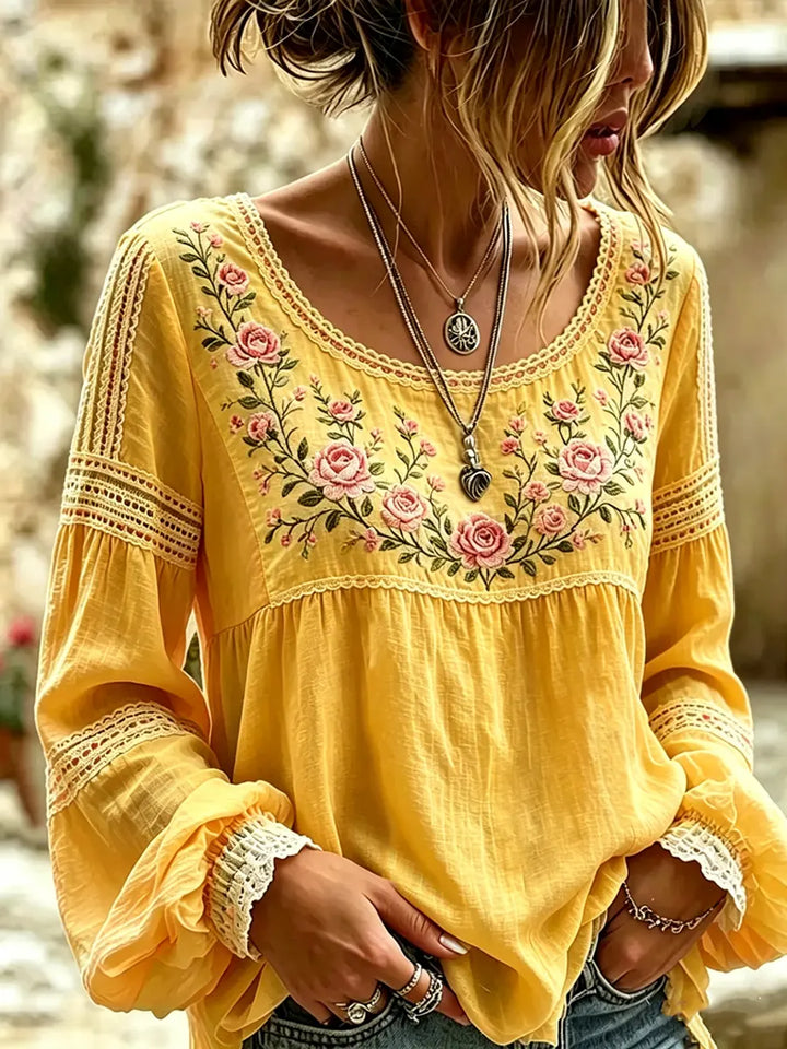 Amabel™ | Boho Floral Embroidered Blouse