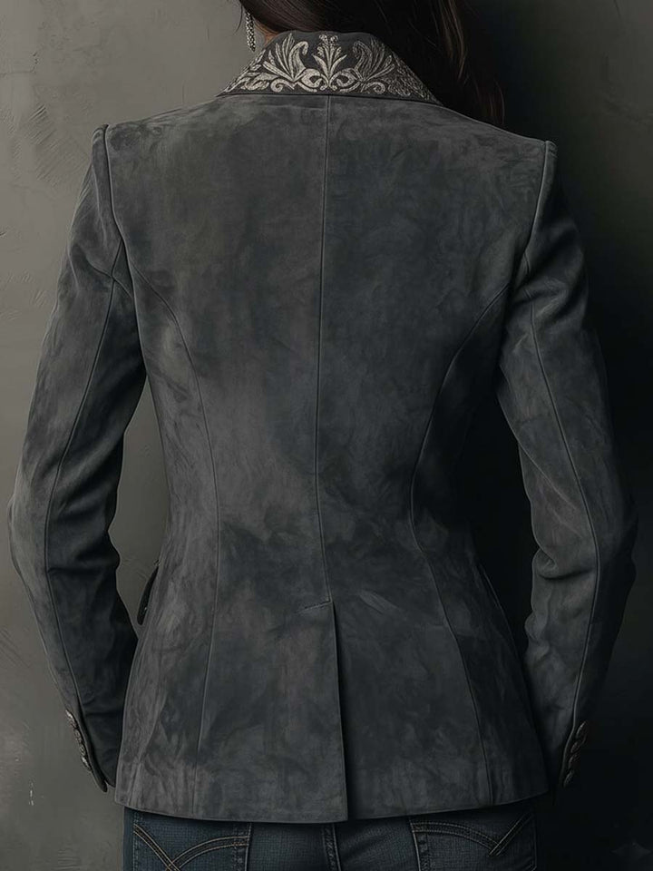 Charcoal Taupe Embossed Floral Eco-Suede Blazer