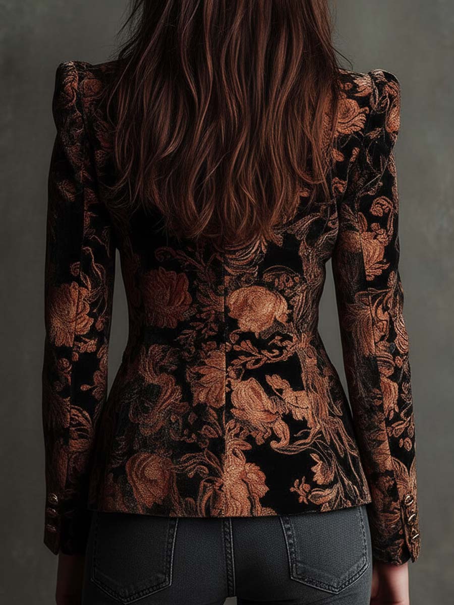 Black and Bronze Velvet Floral Print Blazer