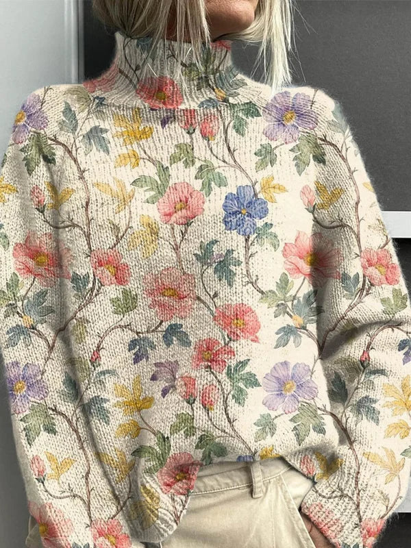 Adeline | Vintage Floral Knit Turtleneck Sweater
