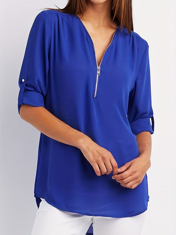 Ariana | Sleek Zip-Front V-Neck Blouse