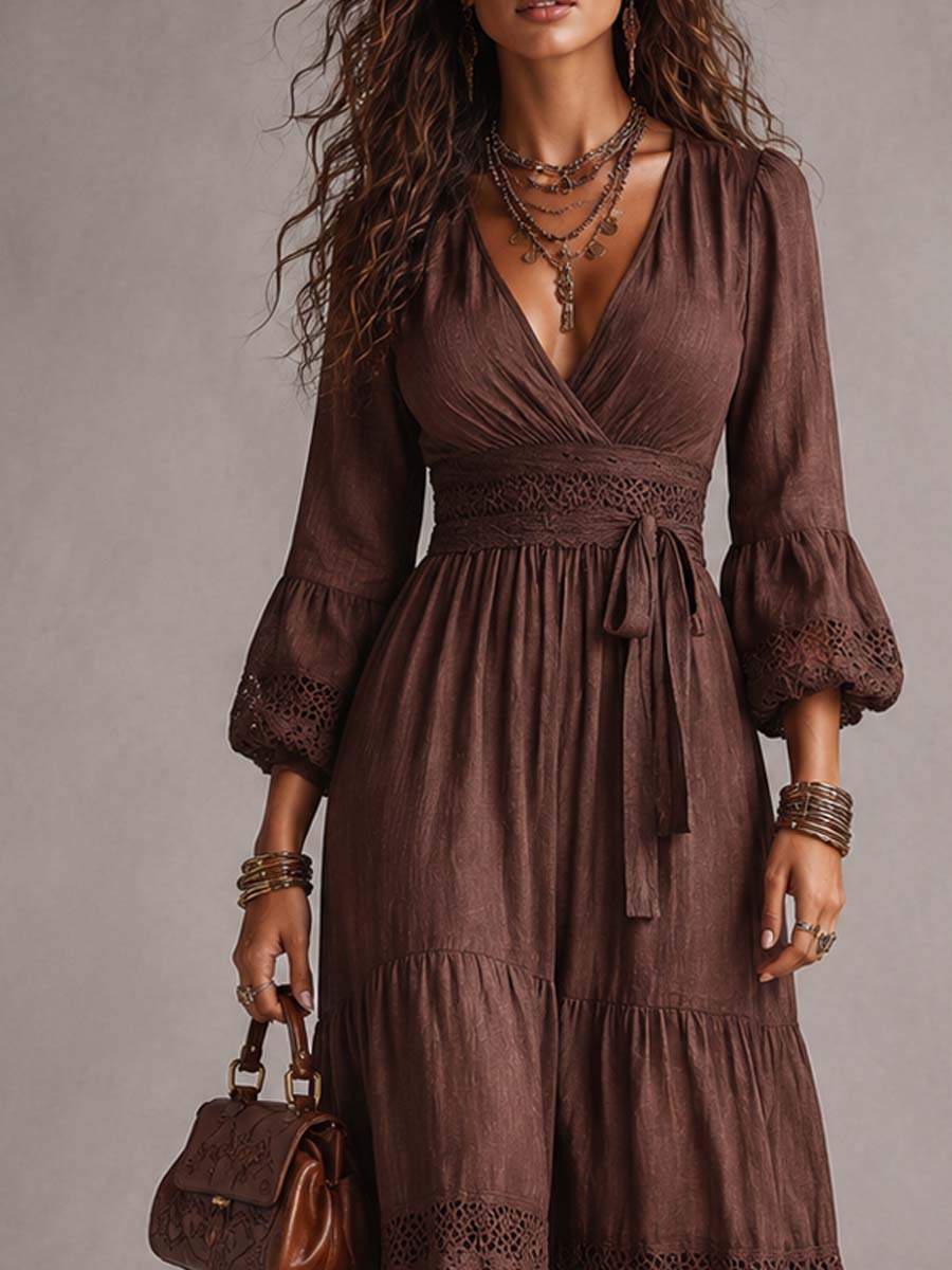 Annika | Lace Trim Bohemian Midi Dress