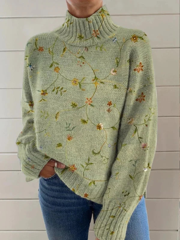 Alexa | Delicate Floral Knit Turtle Neck Sweater
