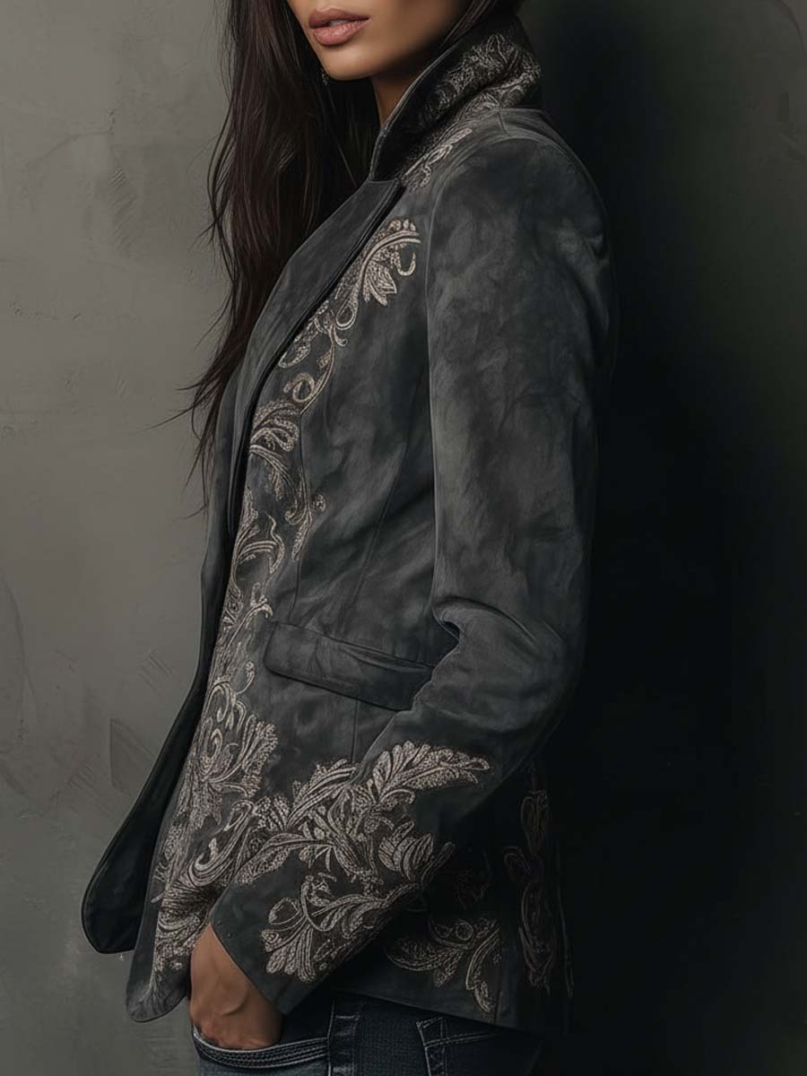 Charcoal Taupe Embossed Floral Eco-Suede Blazer