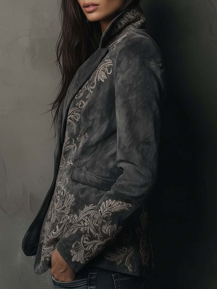 Charcoal Taupe Embossed Floral Eco-Suede Blazer