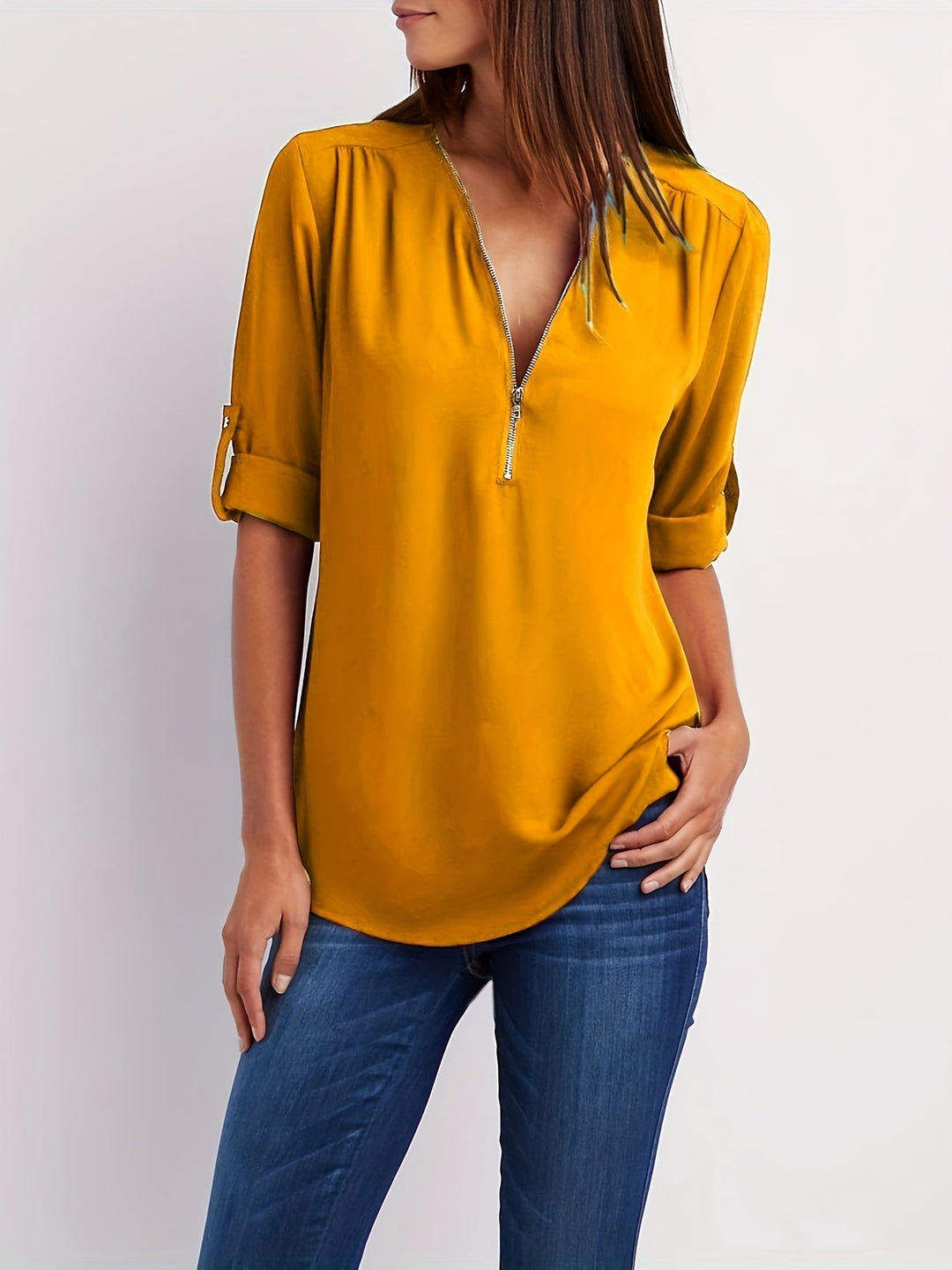 Ariana | Sleek Zip-Front V-Neck Blouse