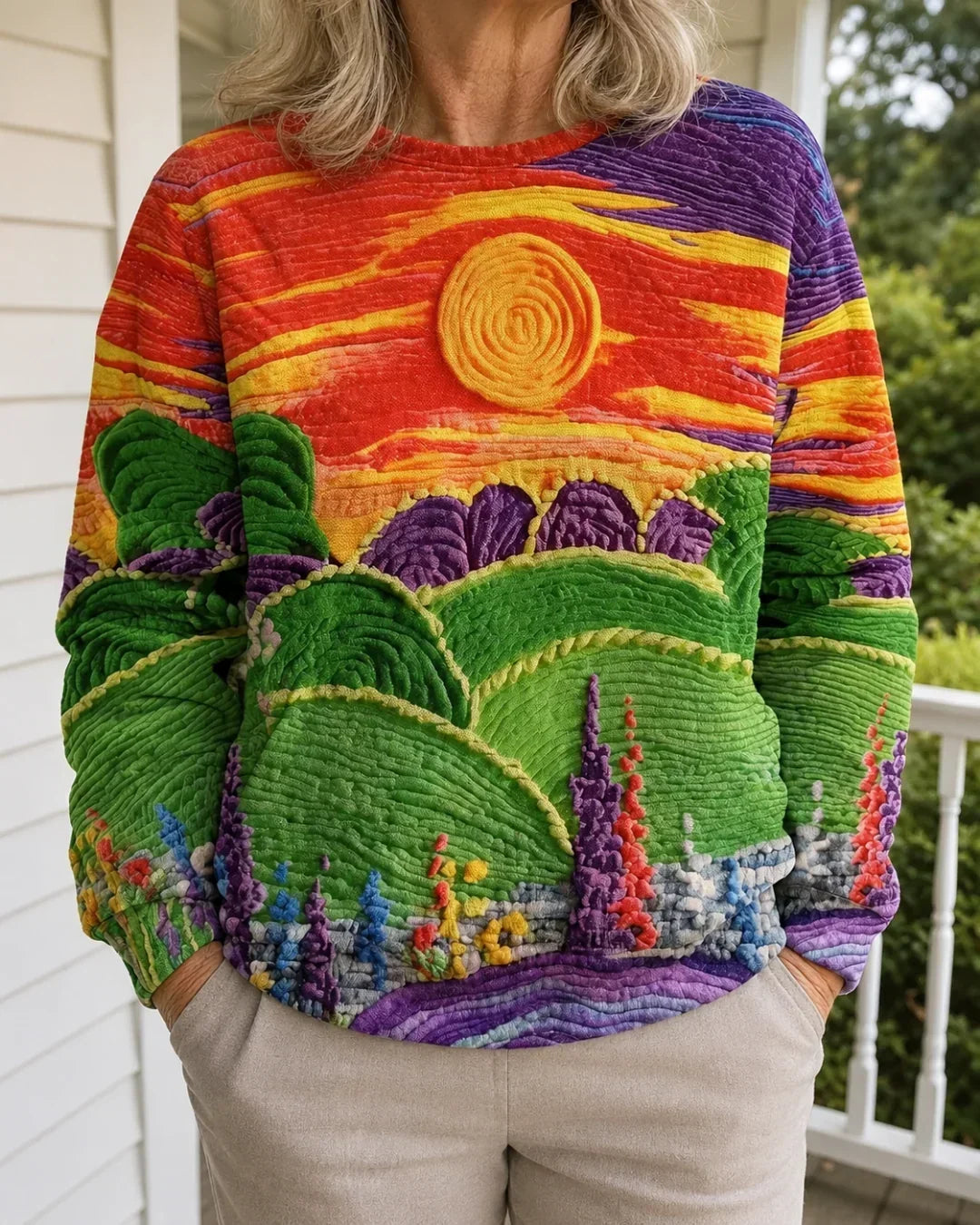 RAVELLA | SUNBURST LANDSCAPE PRINT RELAXED-FIT SWEATER