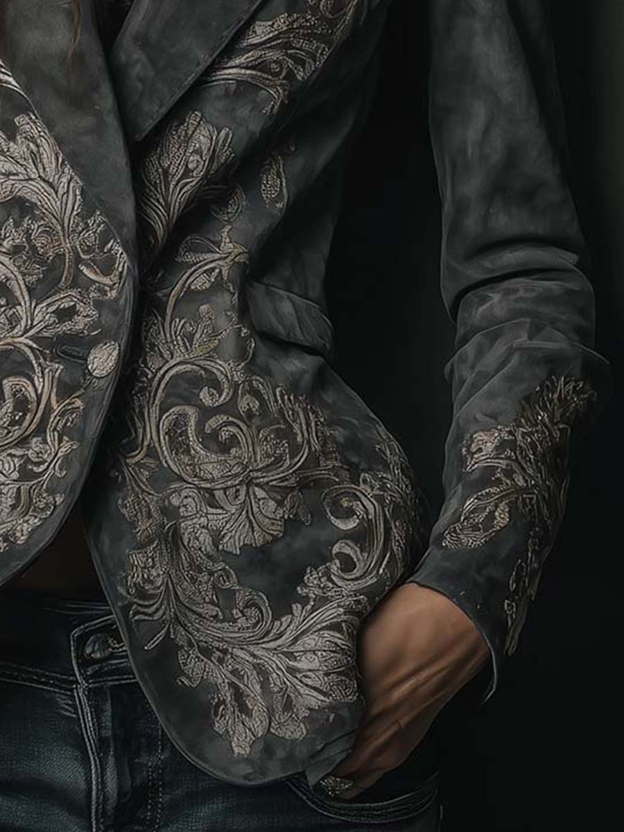 Charcoal Taupe Embossed Floral Eco-Suede Blazer