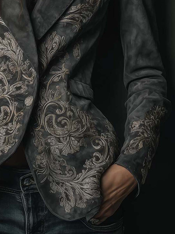 Charcoal Taupe Embossed Floral Eco-Suede Blazer