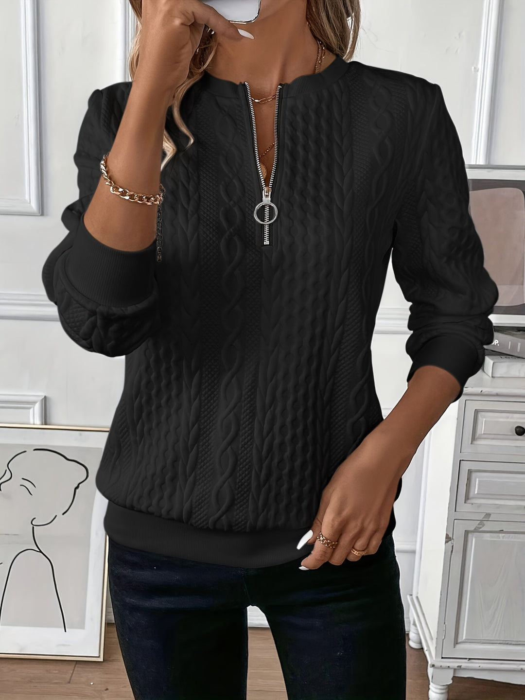 Amalie | Cozy Zip-Up Cable Knit Jumper