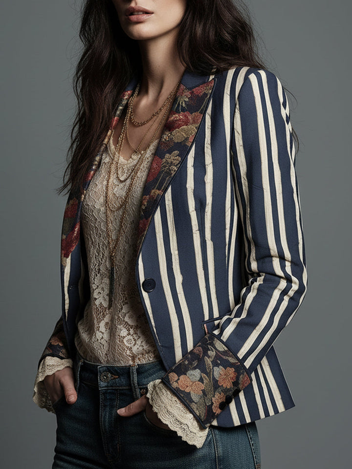 Bohemian Striped Blazer with Floral Print in Cotton and Linen