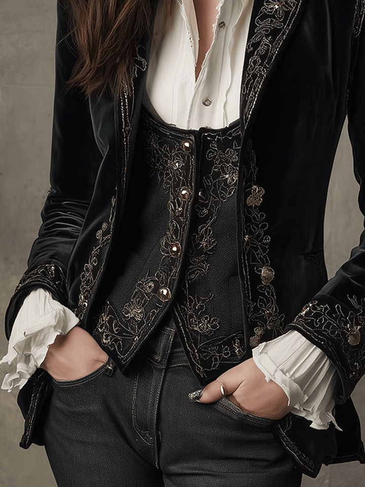 Chic Black Velvet Blazer with Embroidery