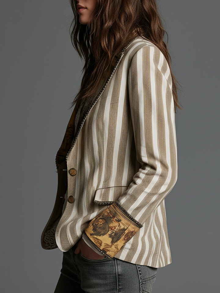Bohemian Striped Cotton Blazer Featuring Printed Lapels