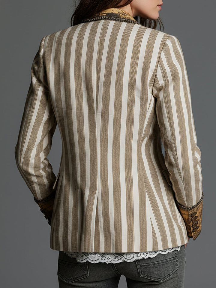 Bohemian Striped Cotton Blazer Featuring Printed Lapels