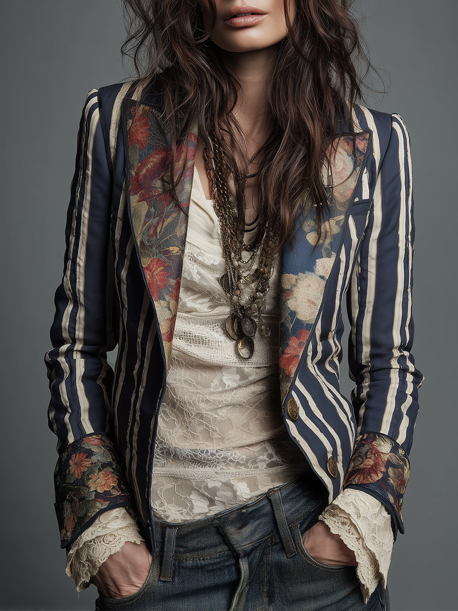 Bohemian Striped Blazer with Floral Print in Cotton and Linen