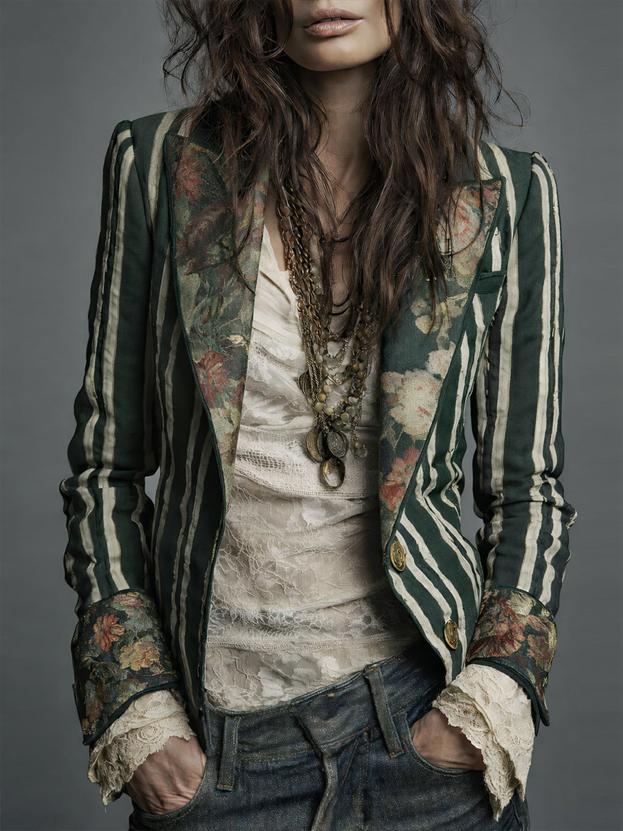 Bohemian Striped Blazer with Floral Print in Cotton and Linen