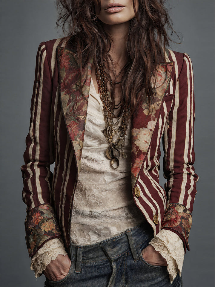 Bohemian Striped Blazer with Floral Print in Cotton and Linen