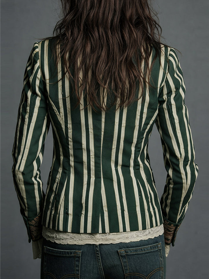 Bohemian Striped Blazer with Floral Print in Cotton and Linen