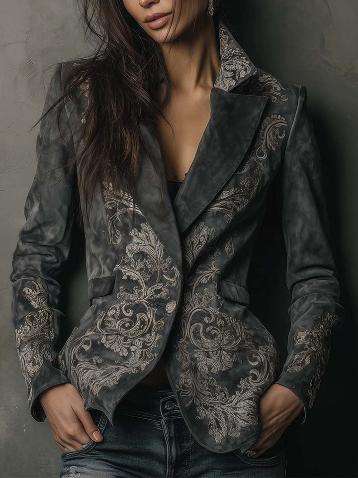 Charcoal Taupe Embossed Floral Eco-Suede Blazer