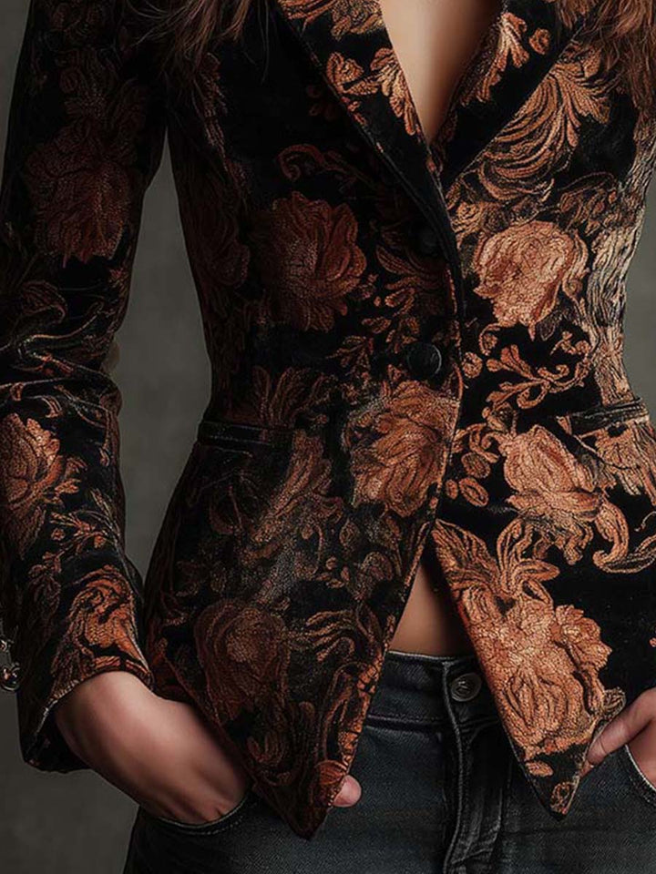 Black and Bronze Velvet Floral Print Blazer