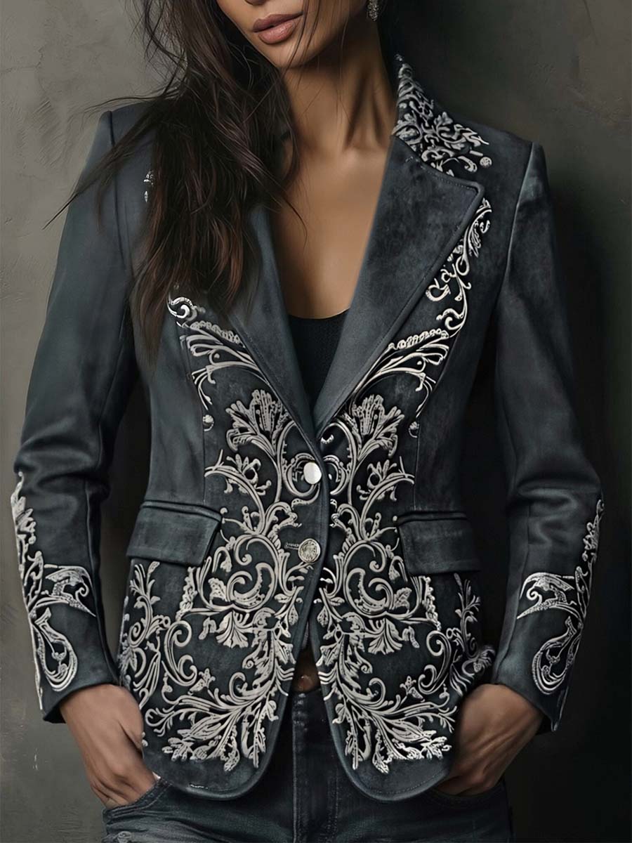 Charcoal Taupe Embossed Floral Eco-Suede Blazer