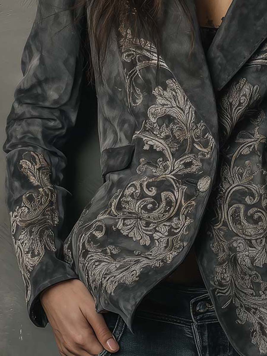 Charcoal Taupe Embossed Floral Eco-Suede Blazer