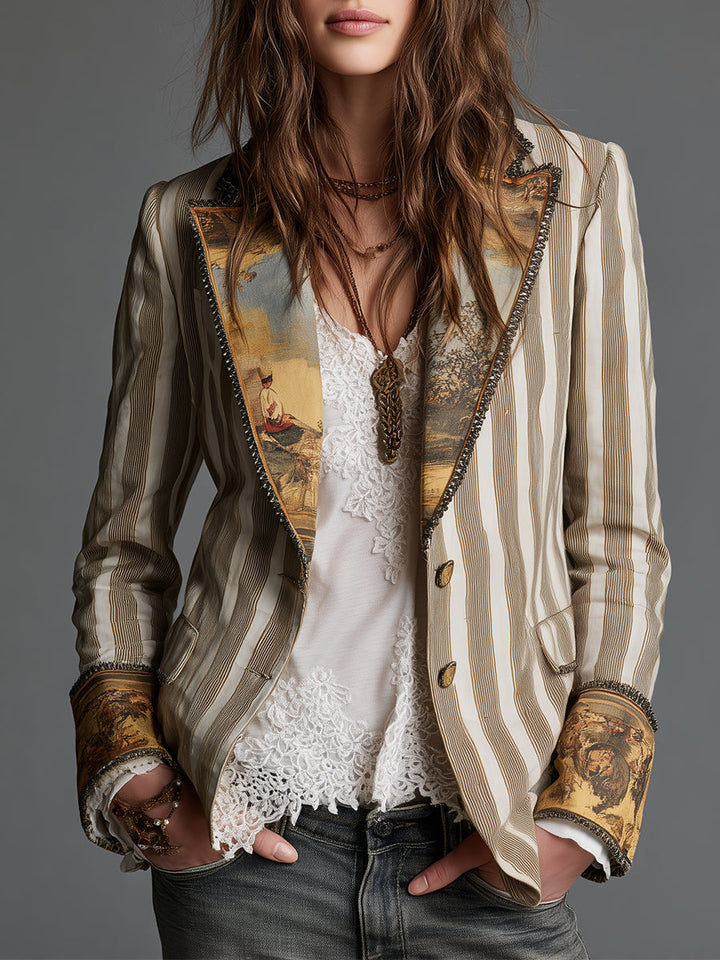 Bohemian Striped Cotton Blazer Featuring Printed Lapels