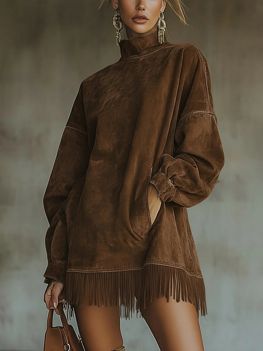 Gabriela | Suede Dress with High Neck and Fringe