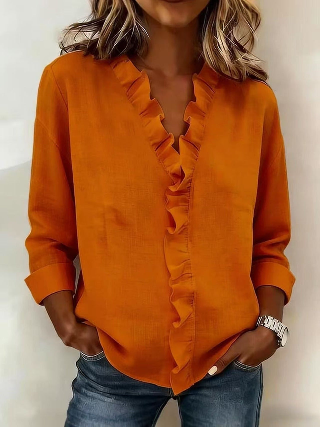 Cayla | Elegant V-neck Ruffles Blouse