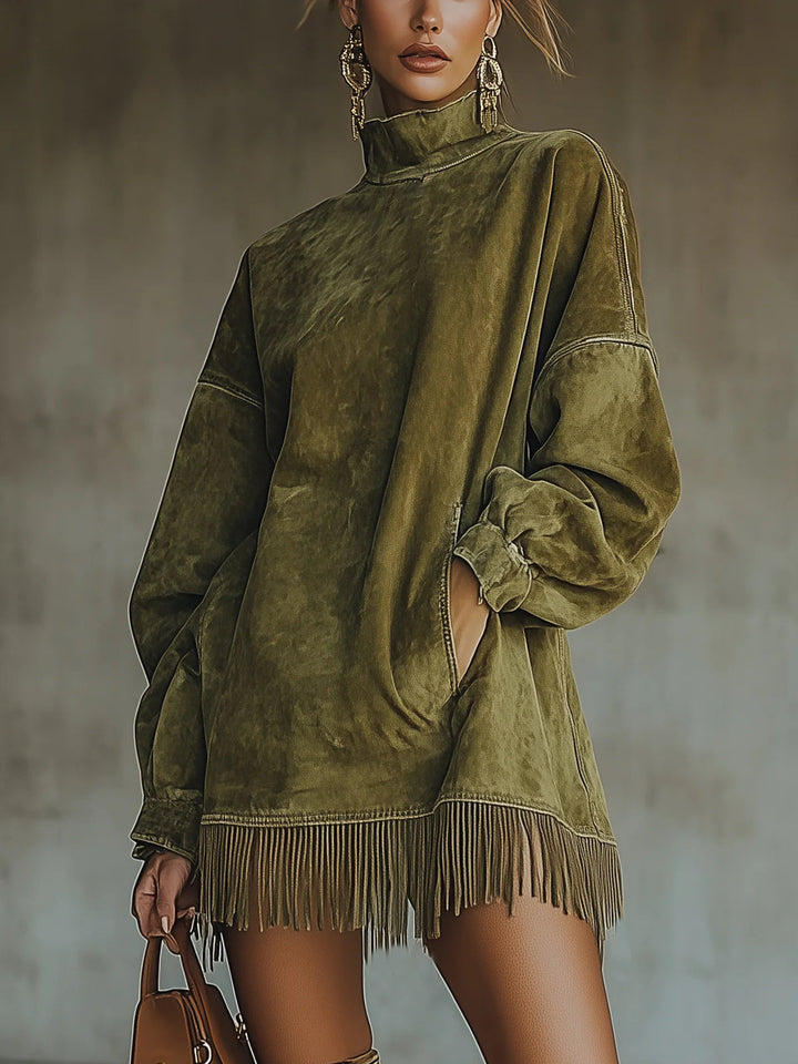 Gabriela | Suede Dress with High Neck and Fringe