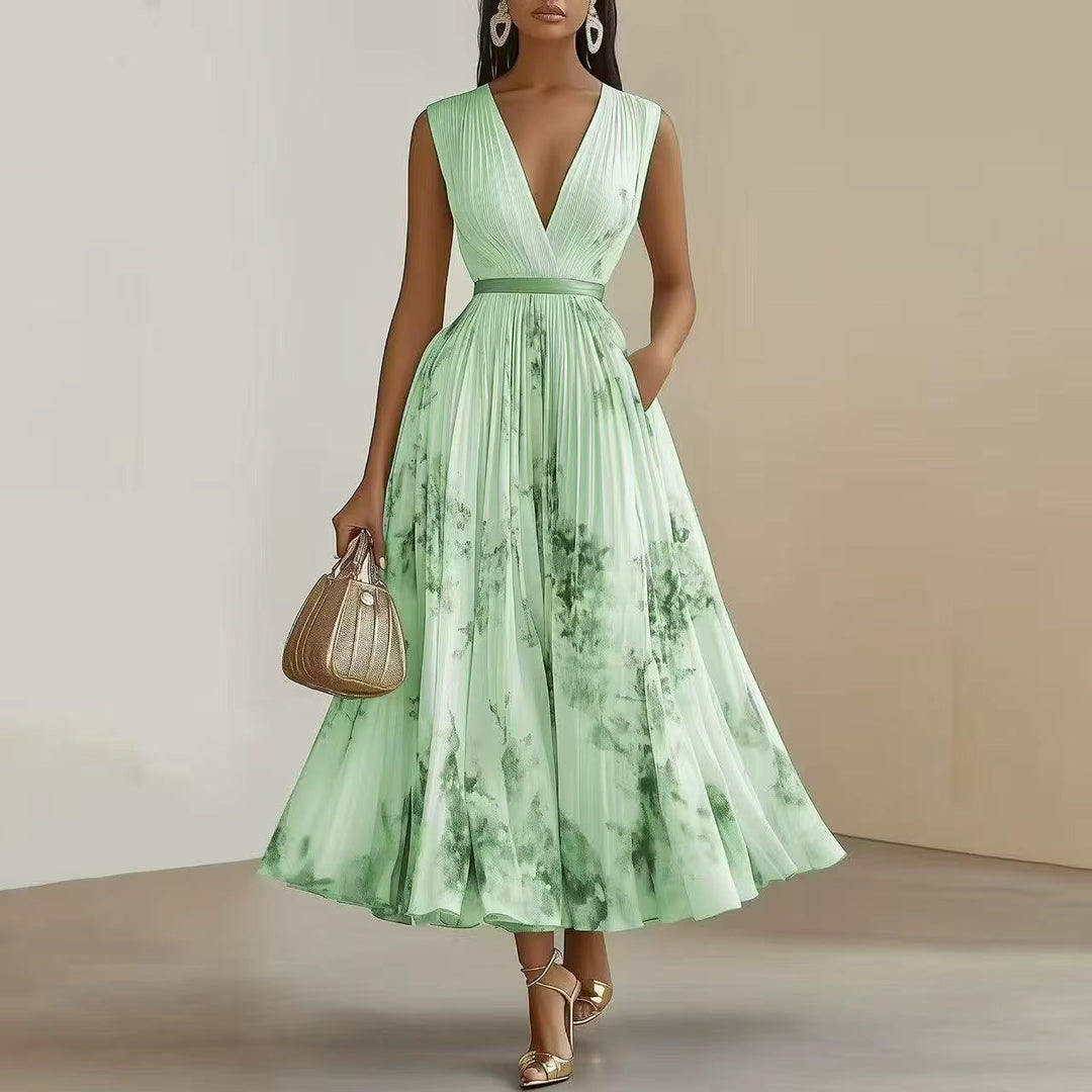 Alexia | Elegant Pleated Maxi V-Neck Dress