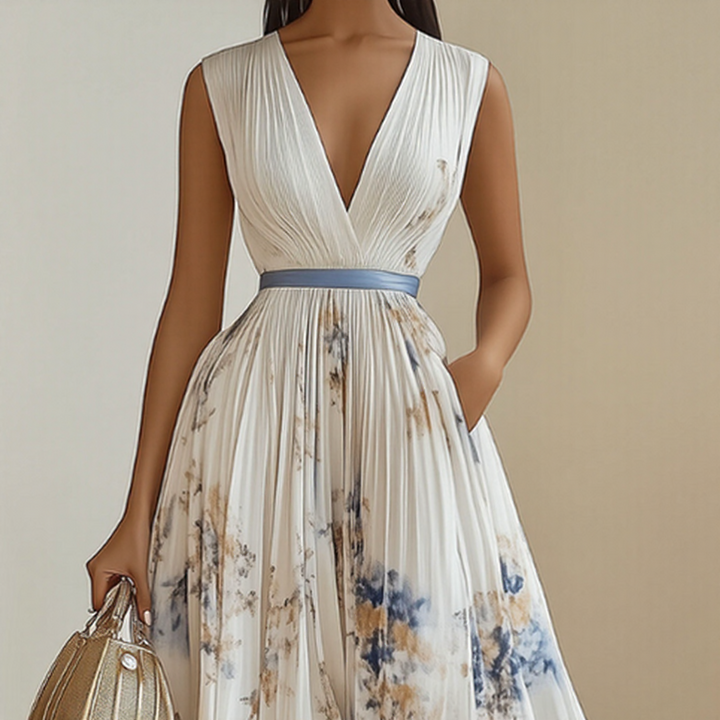 Alexia | Elegant Pleated Maxi V-Neck Dress