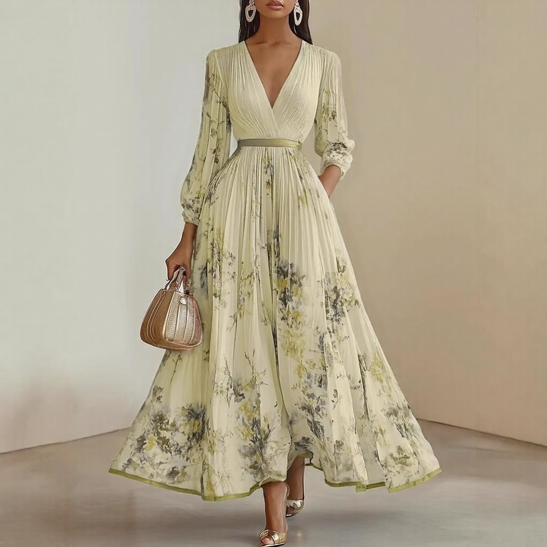 Alexia | Elegant Pleated Maxi V-Neck Dress