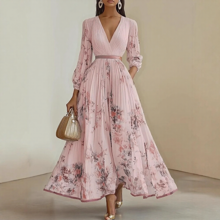 Alexia | Elegant Pleated Maxi V-Neck Dress