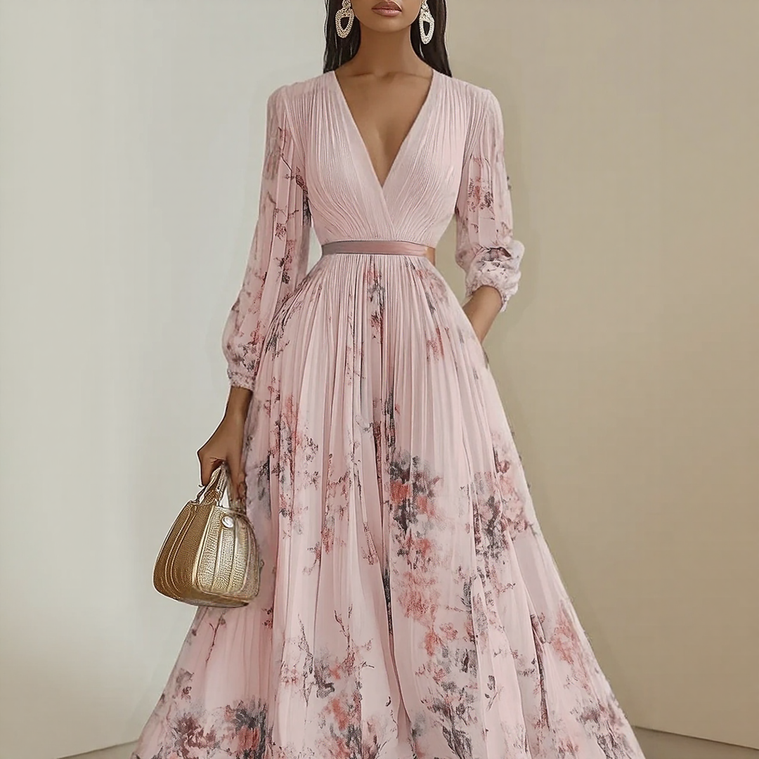 Alexia | Elegant Pleated Maxi V-Neck Dress