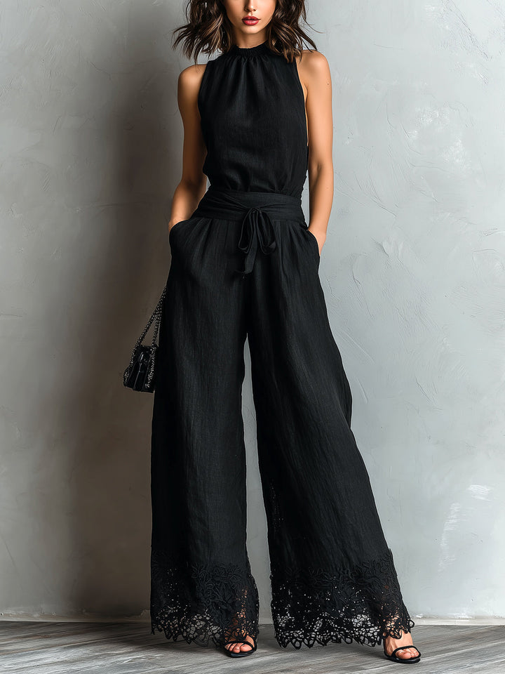 Black Lace-trimmed Wide-leg Pants Set