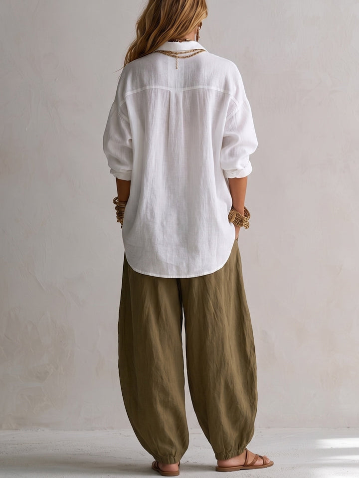 Capucine | White Loose Shirt and Olive Green Lantern Pants