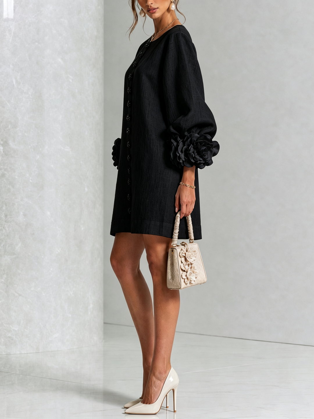 Anastasia | Floral-Cuff Statement Mini Dress