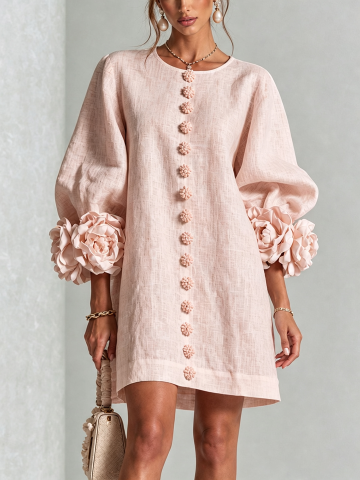 Susanna | Button-Front Floral-Cuff Mini Dress