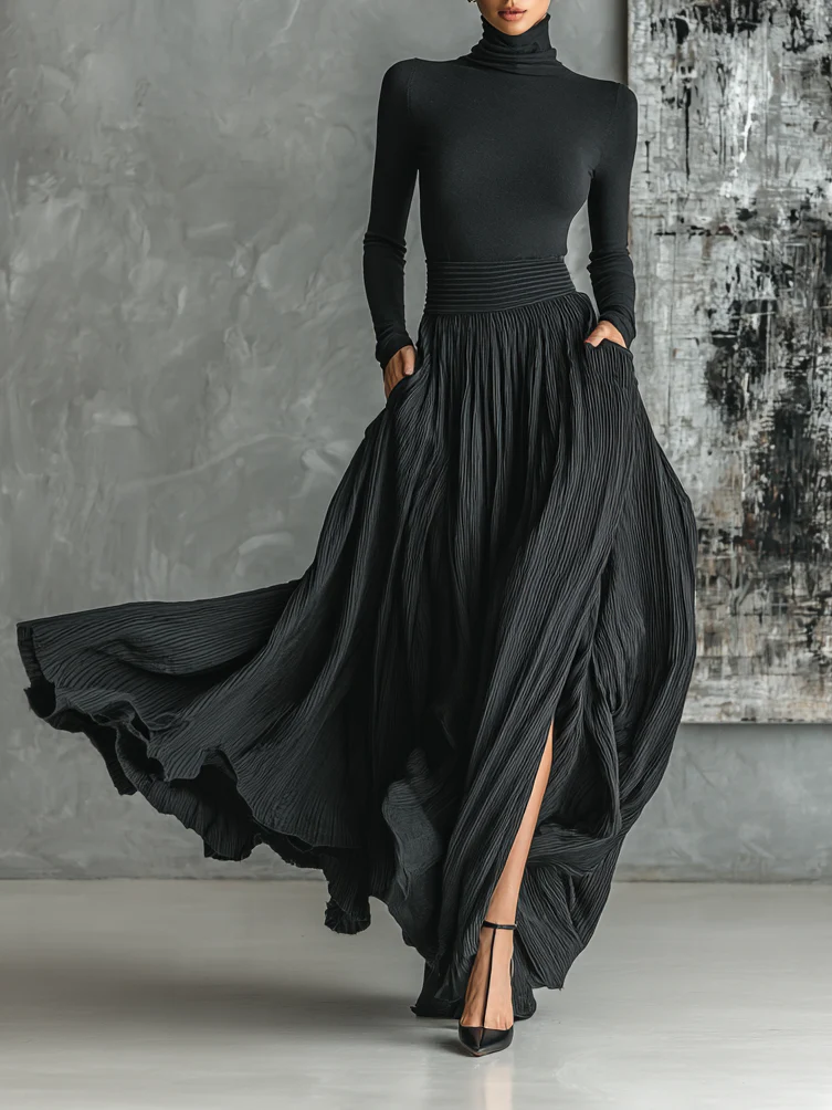 Prudence | Pleated Skirt and Black Turtleneck T-shirt Set
