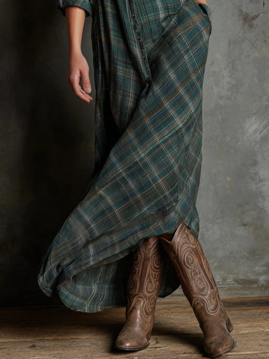 Margaux | Long Shirt Dress with Green Gingham Collar