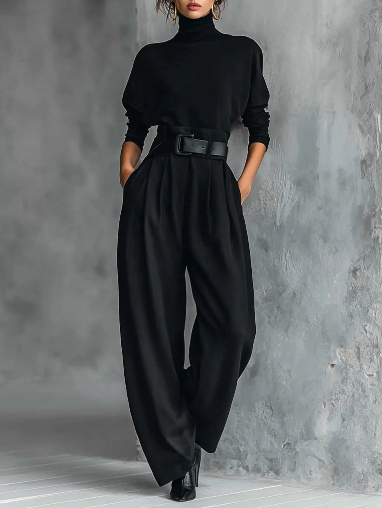 Noëlla | Black Turtleneck Top and Straight Pants Set