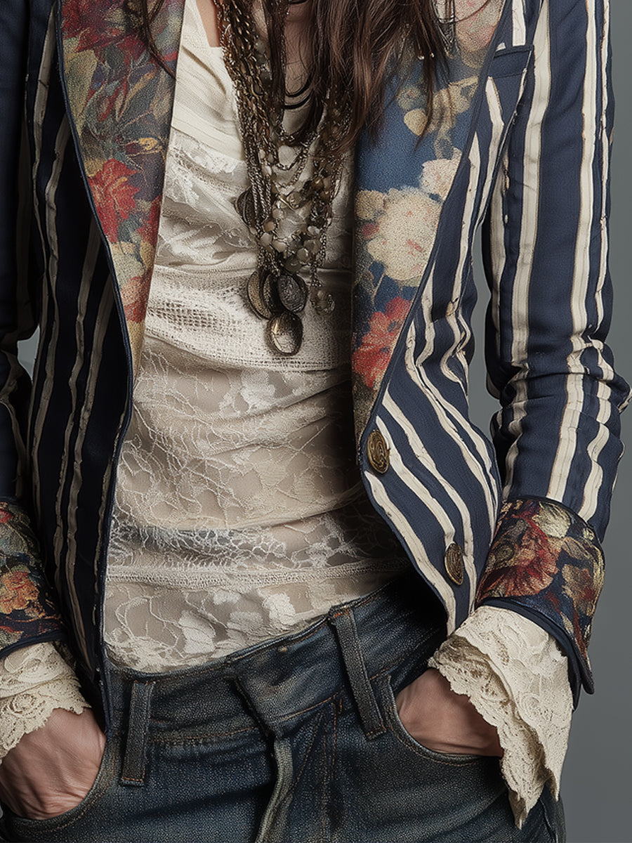 Bohemian Striped Blazer with Floral Print in Cotton and Linen