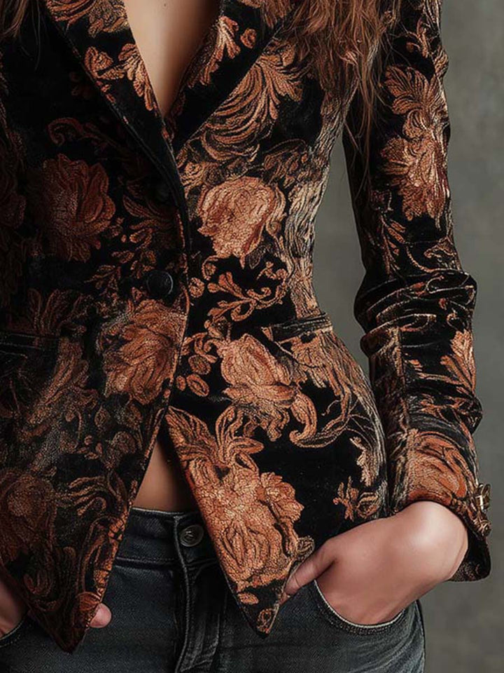 Black and Bronze Velvet Floral Print Blazer