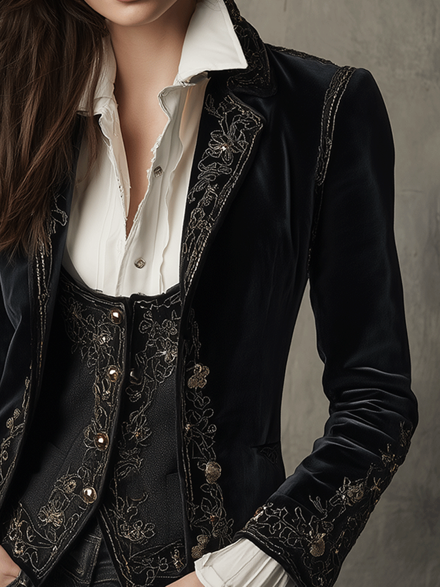 Chic Black Velvet Blazer with Embroidery