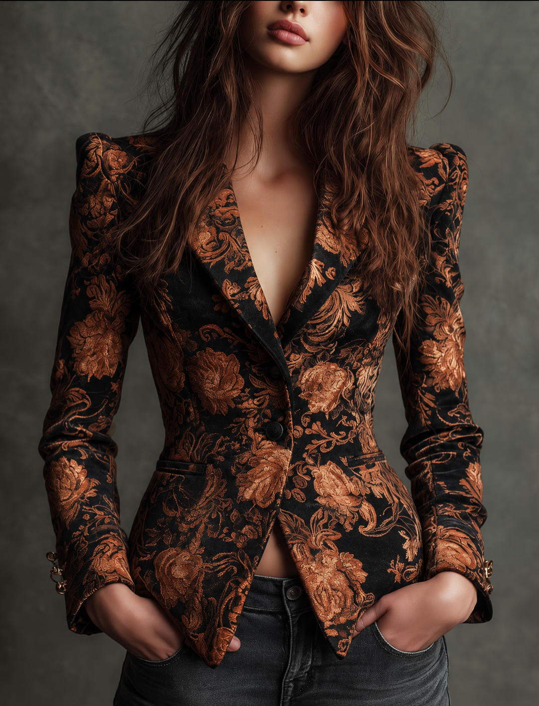 Black and Bronze Velvet Floral Print Blazer